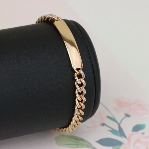 "Rose Gold Polished ID Bracelet with Pave Cuban Chain Design, XPBL0943 - Picture 1 of 11